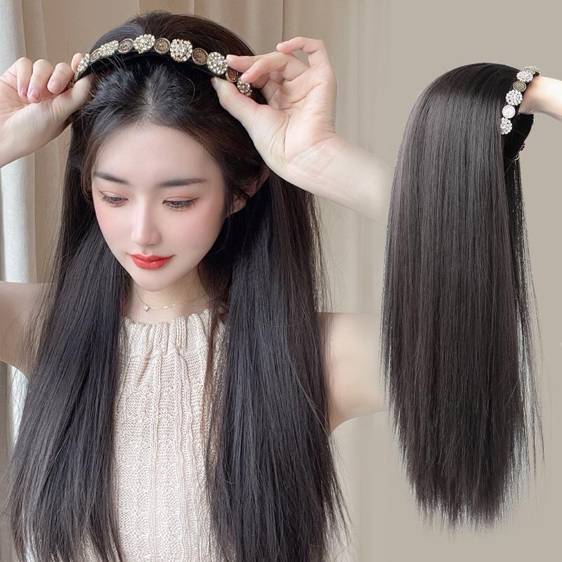Women's Retro Rhinestone Headband Wig with Long Straight Hair, U-Shaped Half Head Cover
