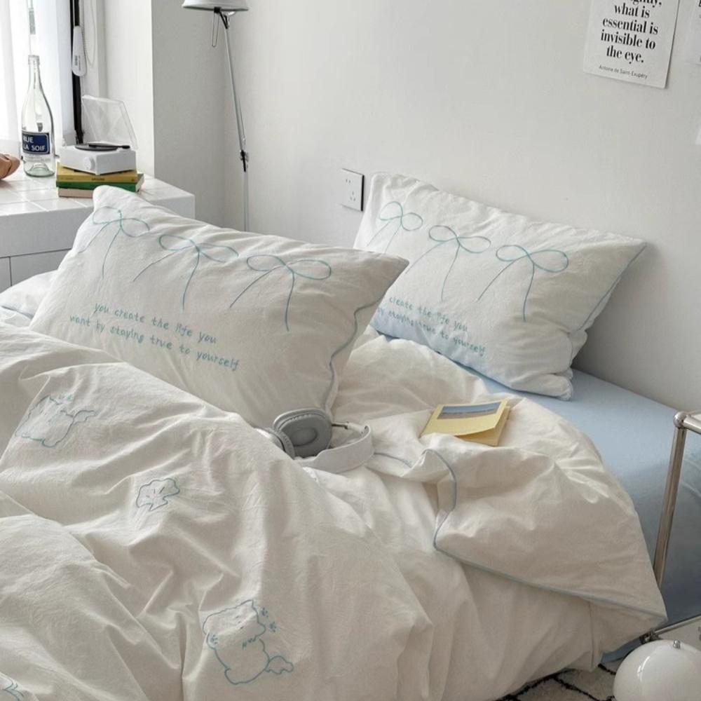 Girl Heart Simple Four-piece Set Soft Washed Cotton Cute Embroidery Heavy Industry Bed Sheet Quilt Cover Dormitory Three-piece Set