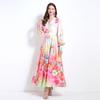 Spring Autumn Women V-neck Single Breasted Print Long Maxi Holiday Beach Dresses
