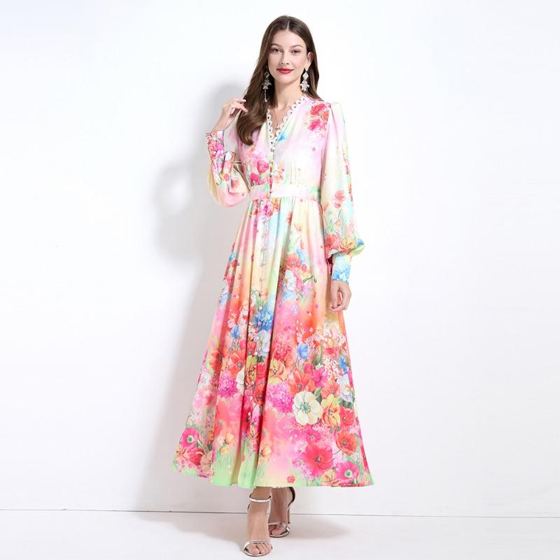 Spring Autumn Women V-neck Single Breasted Print Long Maxi Holiday Beach Dresses