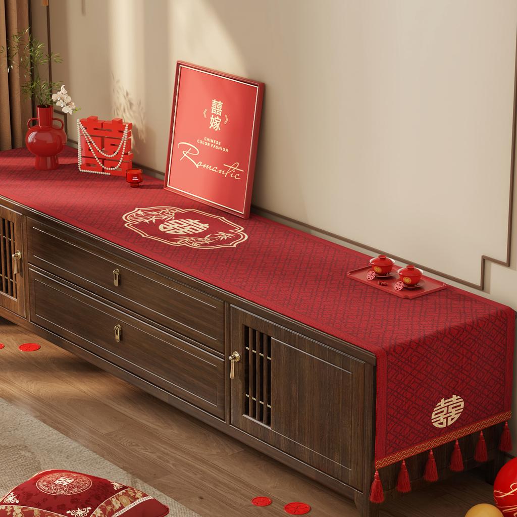 Wedding Tv Cabinet Tablecloth Light Luxury High-End Red Side Cabinet Long Strip Cover Festive Coffee Table Decorative Cloth