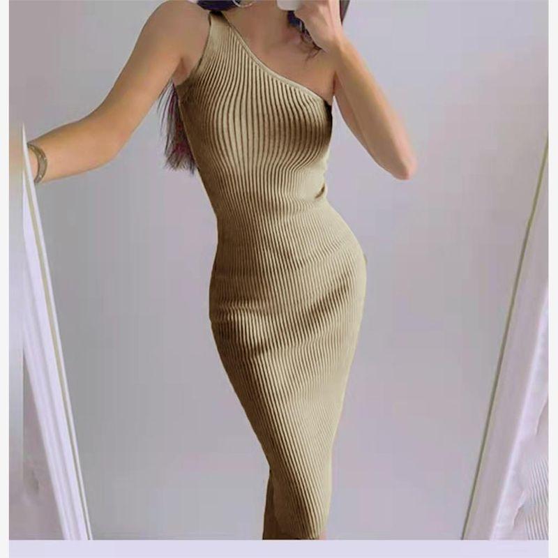 

One Shoulder Dress Pure Color One Shoulder Diagonal Collar Knitting Skirt Minimalist Design Easiest for Match Dress/ Khaki XL