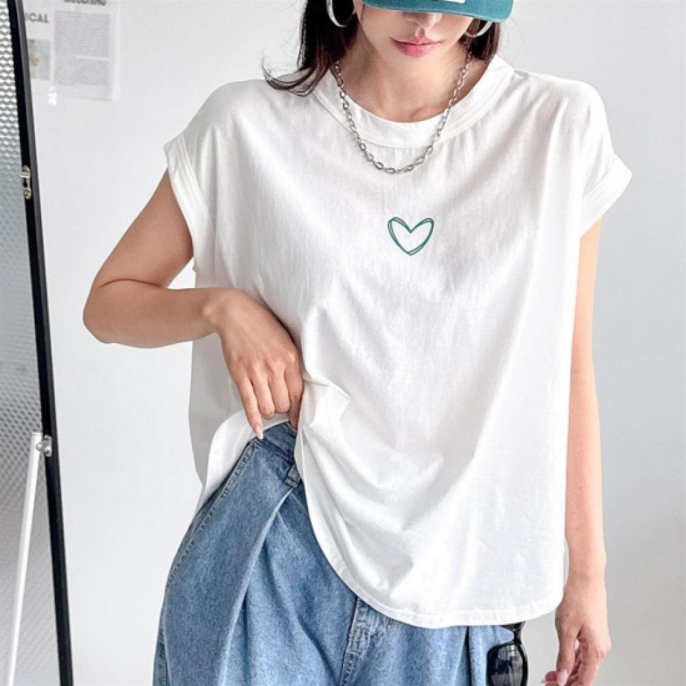 New Arrivals Open Run Women HearT PrinT Cap Sleeve T shirT Loose fiT