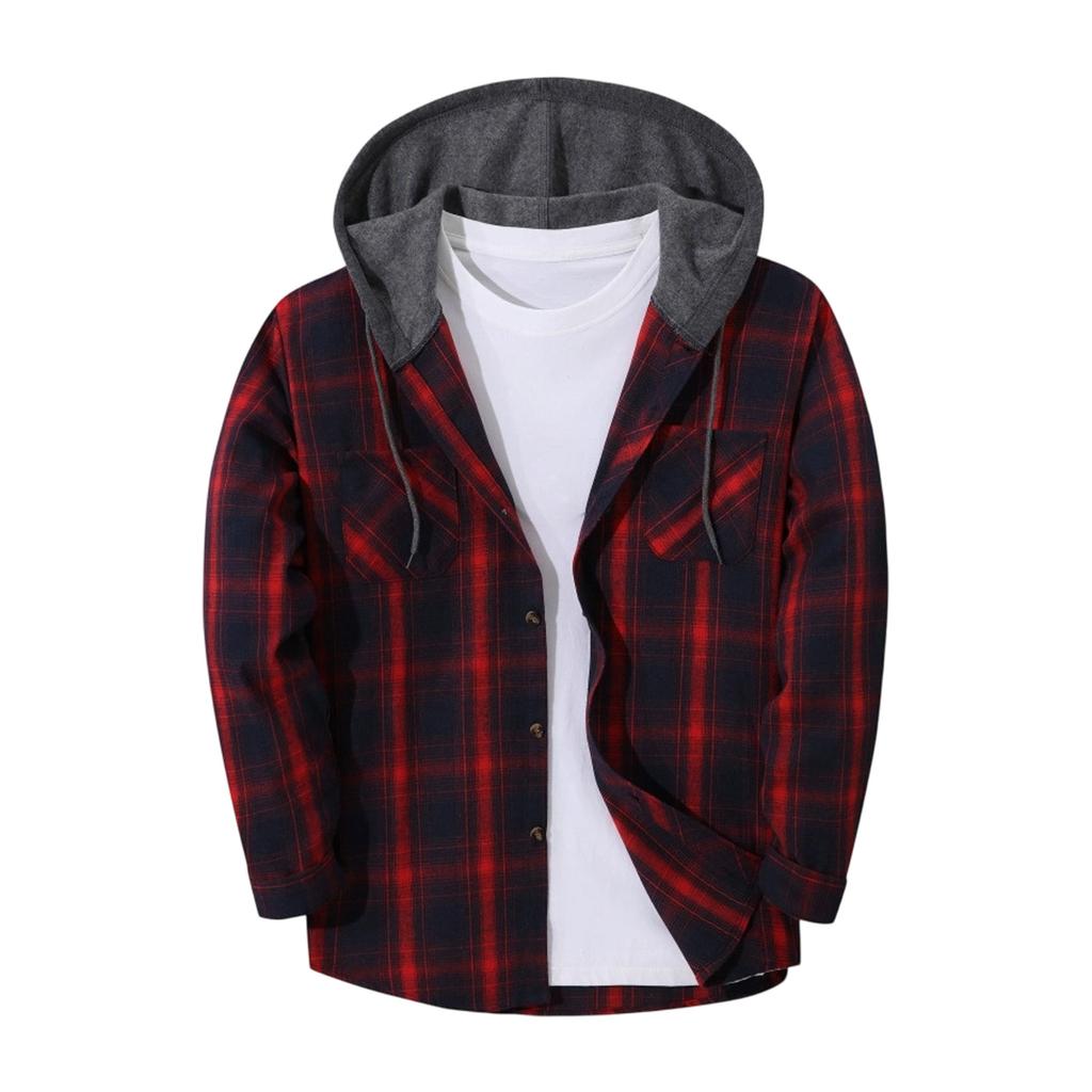 Men's Flannel Plaid Button-Up Shirt Jacket with Hood for Casual Outdoor Wear