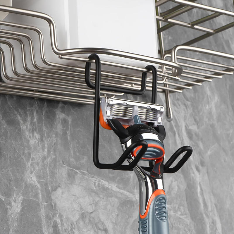 2Pcs No-Drill Stainless Steel Razor Holder Hooks Bathroom Shelf Accessory Hooks For Corner Shelves Shaving Tool Organizer