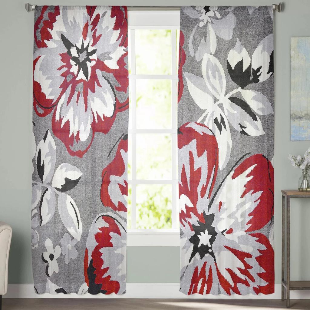 Flore Roșu Gri Textura Perdele Transparente Pentru Sufragerie Dormitor Decor Bucătărie Tulle Pentru Ferestre Voile Draperii