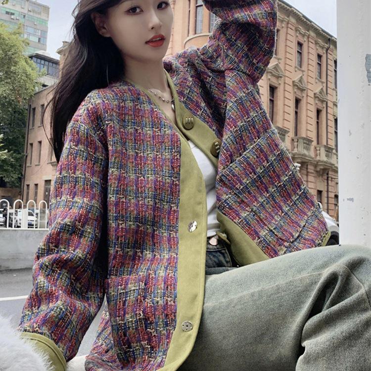 Plus Size Women's Spring 2025 Korean Plaid Tweed Coat - Loose, Slimming & Stylish