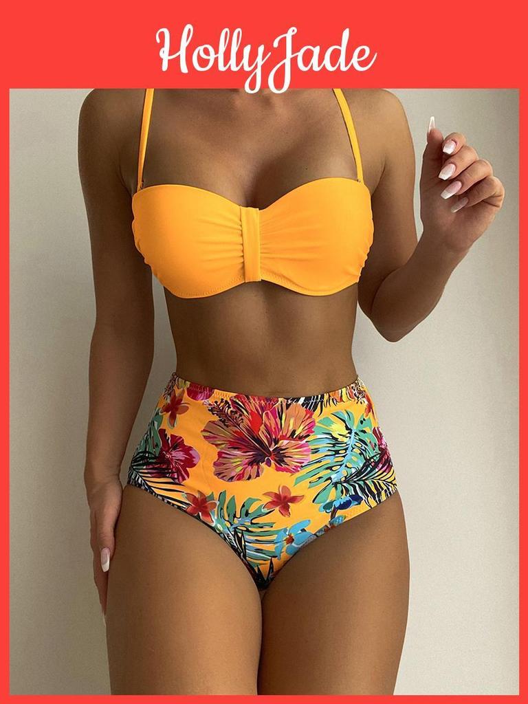 Floral Bikini Push Bandeau Up Swimsuit Women 2023 Swimwear Female High Waisted Bikinis Set Sexy Swim For Woman Wear Bathing Suit