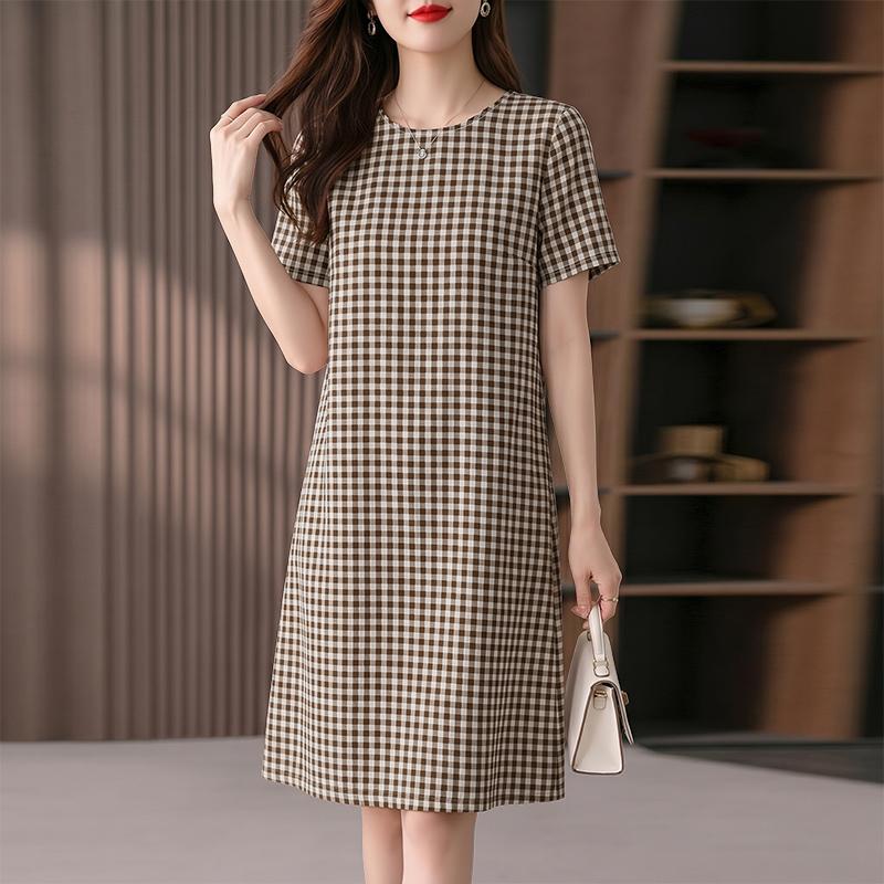 ZANZEA Women Grid Print Casual Round Neck Short Sleeve Dress