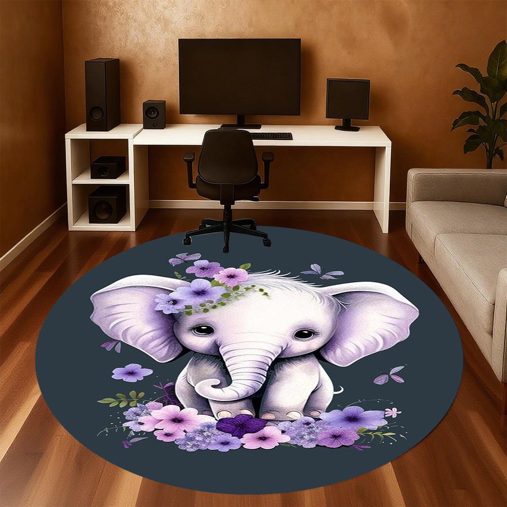 1PC Elephant Flowers Butterflies Round Chair Mat Area Rug - Non-Slip, Floor Mat for Office, Bedroom, Home Decor Christmas Gift C0528028