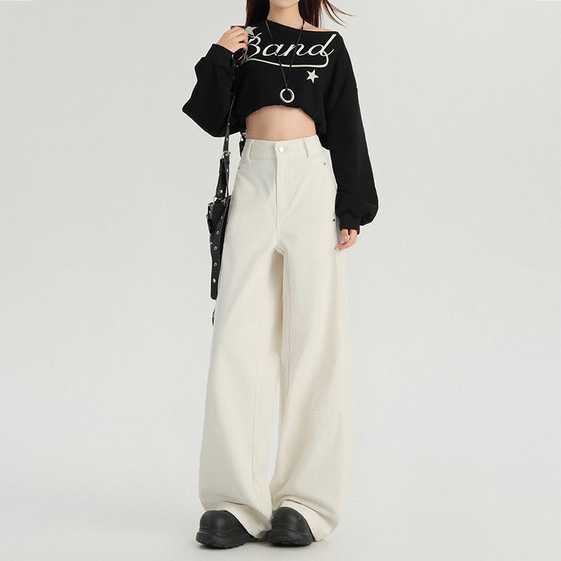 Spring 2026 Women s High-Waist White Wide-Leg Jeans: Slimming, Loose, Straight-Leg Fit S