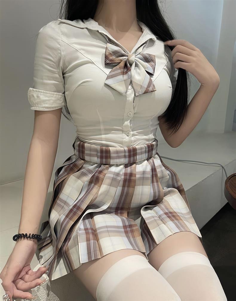 Original Plaid School Uniform Midi Skirt Set: Silver/Gold Mist, Waist-Cinching, Pure Desire Style