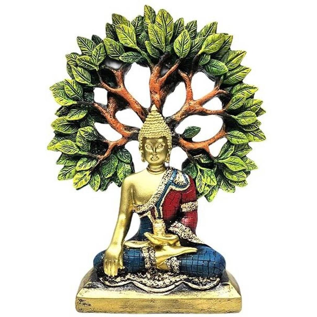 Tree Buddha Statue showpiece Idol Home Decor Items for Living Room and Gifts Decorative Showpiece - 24 cm (Resin, Multicolor)