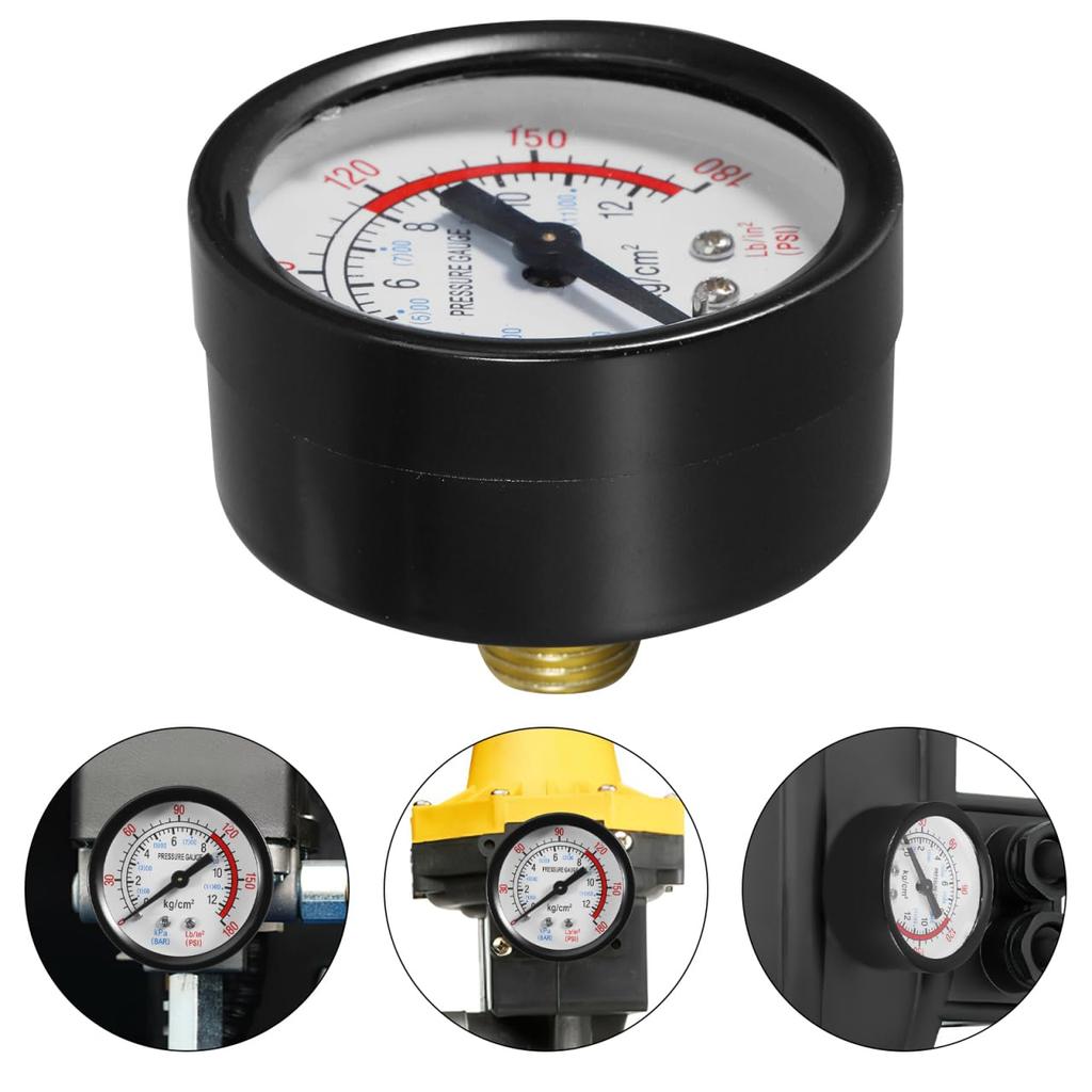 Jojofuny Air Compressor Pressure Gauge with Case, 0-12kg, High Accuracy, Brass Fittings, Bottom Mount Design, for Industrial and Home Use