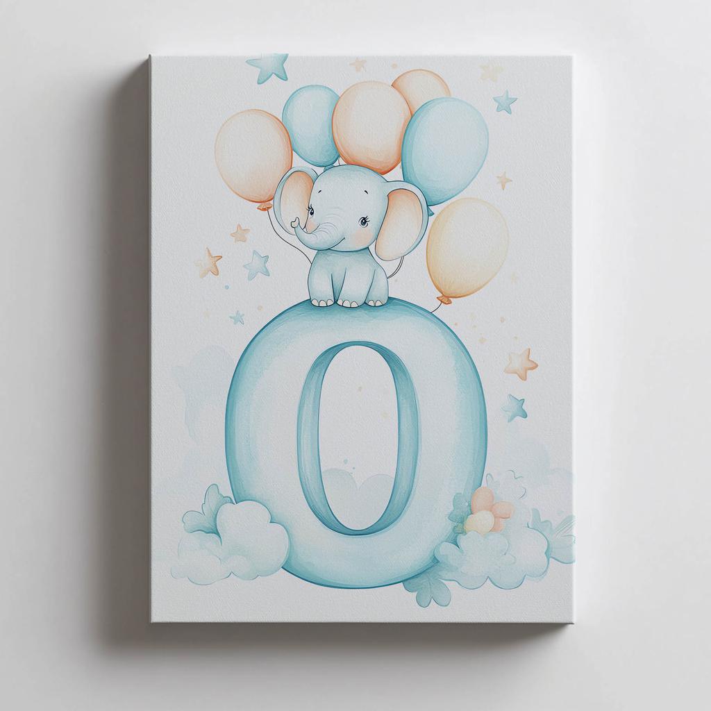 Plakat Słonik Na Chmurze Z Literą O Plakat Słonik Na Chmurze Z Literą O, 50X70 Cm, Rama Aluminiowa Złota, Papier Matowy 230 Gsm