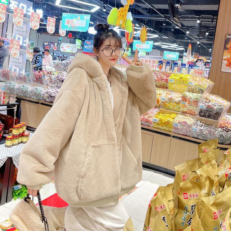 Winter New Imitation Rex Rabbit Fur Young Thickened Hooded Coat Lamb Wool Coat Women