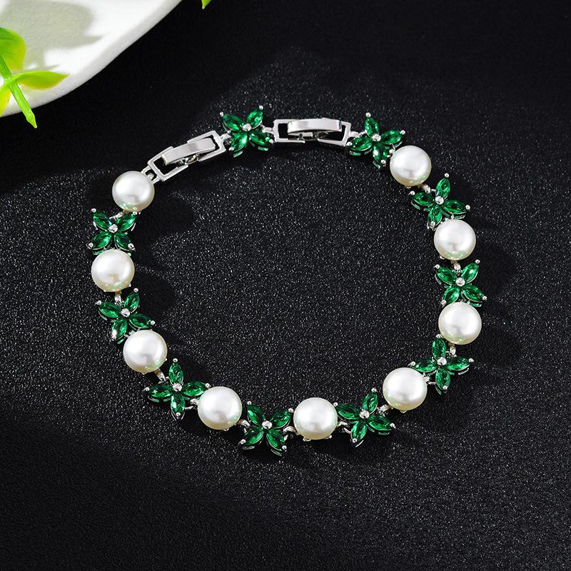 

Brass Leaf Flower Square Crystal Zircon Pearl Bracelet Commuting Temperament Beautiful Popular Bracelet 17.5 + 3cm extension buckle зелений