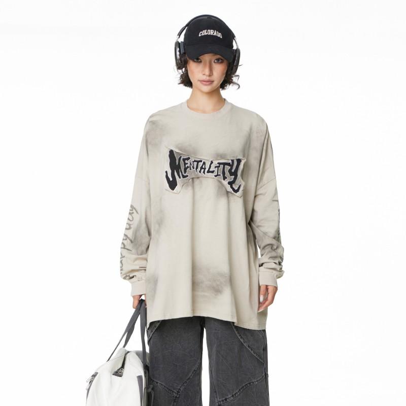 American Vintage Distressed Long Sleeve Sweatshirt Loose Fit Embroidered Patch Teenagers