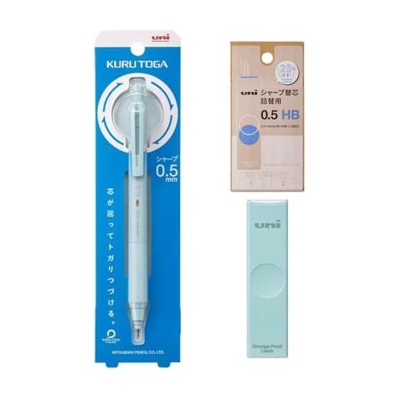 Mitsubishi Pencil KURUTOGA Mechanical Pencil Lead Refill Set, KURUTOGA KS Model 0.5mm Ice Blue, uni Color Case 0.5mm HB Aqua, uni Refill S 0.5mm HB