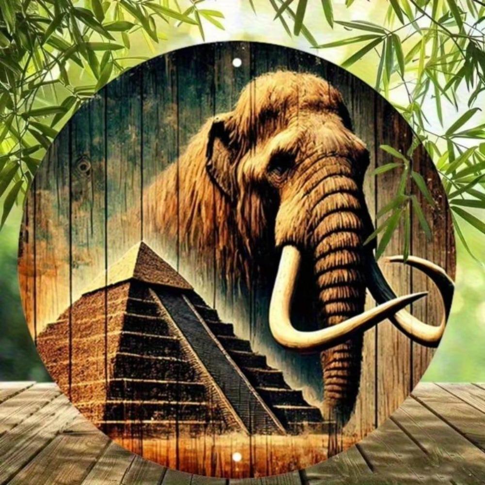 Vintage Rustic Elephant Egyptian Pyramids 2D Printed Flat Round Aluminum Metal Wall Art Decor for Home Garage