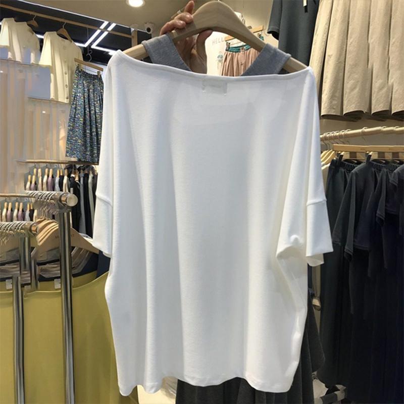 Summer Fashion Fake Two Pieces All-match Tops Women Loose Casual T-shirt Female One Word Shoulder Pullover Tee