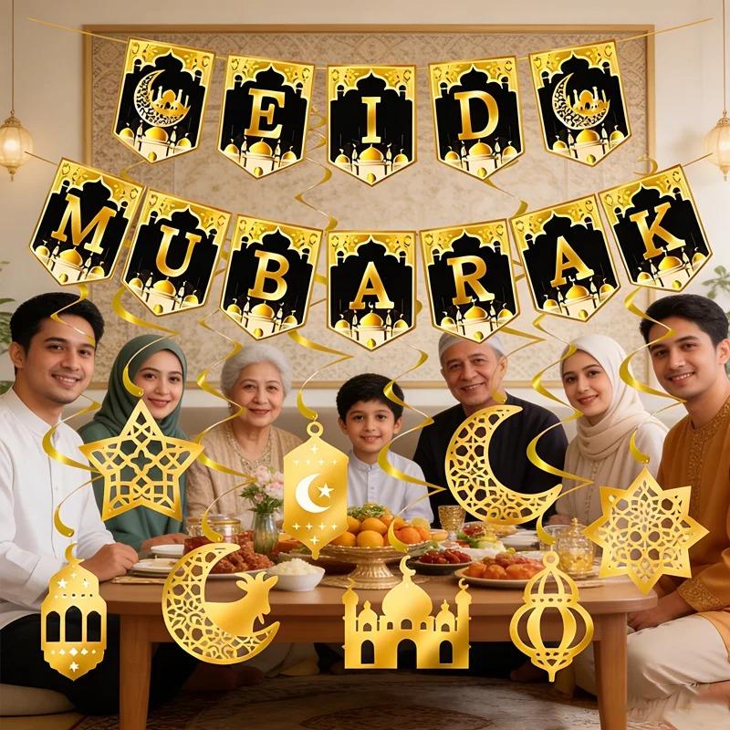 Ramadan Mubarak Banner Bunting Garland With Eid Lantern Moon Castle Sign For Islamic Festival Wall Hanging Party Decor