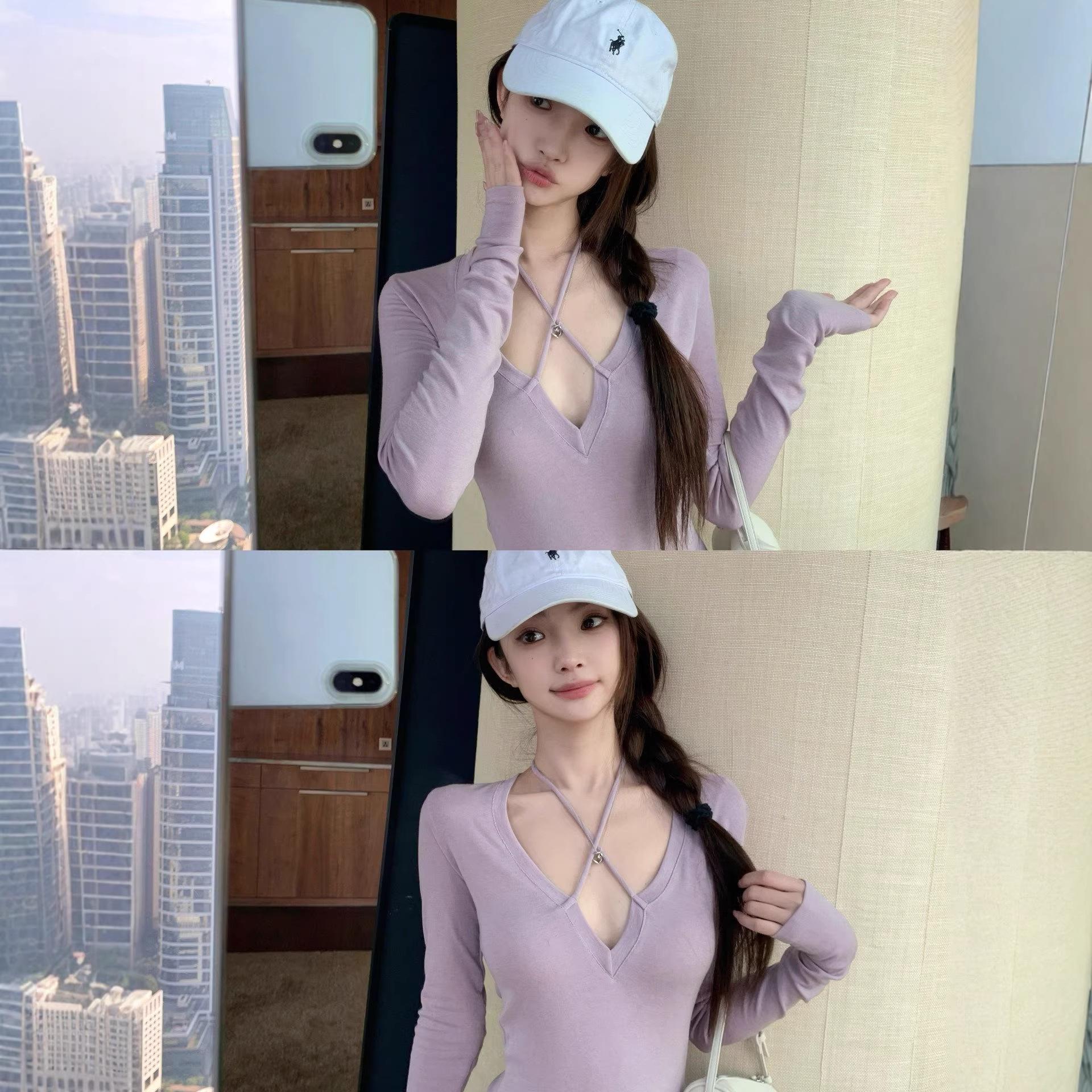 

Spicy Girl V-neck Bow T-shirt: Women s Slim-Fit Long Sleeve Top for Early Spring M фіолетовий