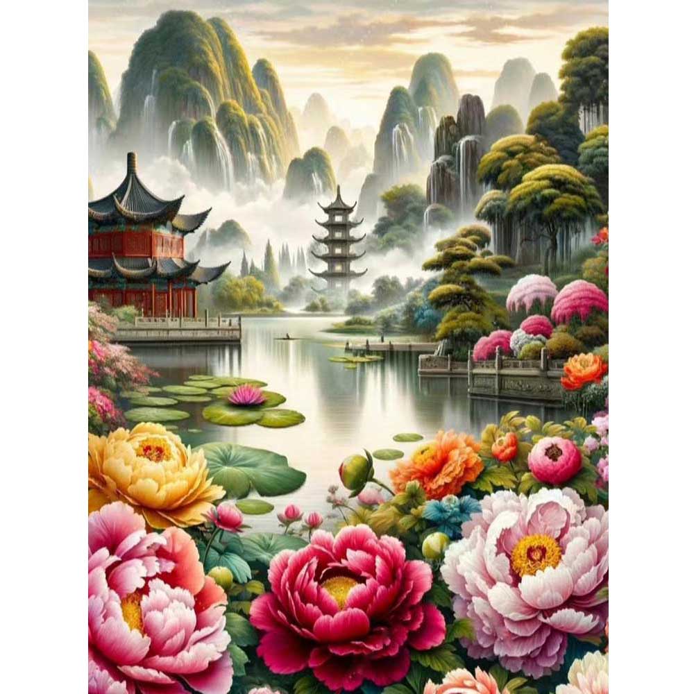

DIY алмазная живопись, набор для вышивки крестом, цветы пиона и павильоны, полная квадратная алмазная мозаика, новая коллекция 2024, домашний декор, подарок round 40x30cm дубильная кора