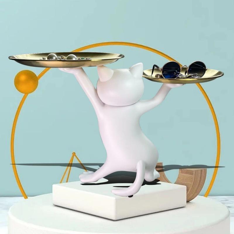 Cartoon Resin Cat Tray Statue Cat Key Holder Decorative Tray Creative Cat Statue for Living Room Entryway Desktop Organizer