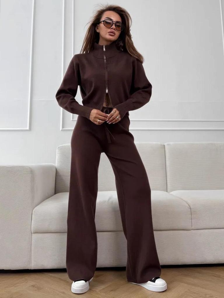 Women's Knitted Ribbed Zip Up Sweatshirt and Wide Leg Trousers Set In Pink