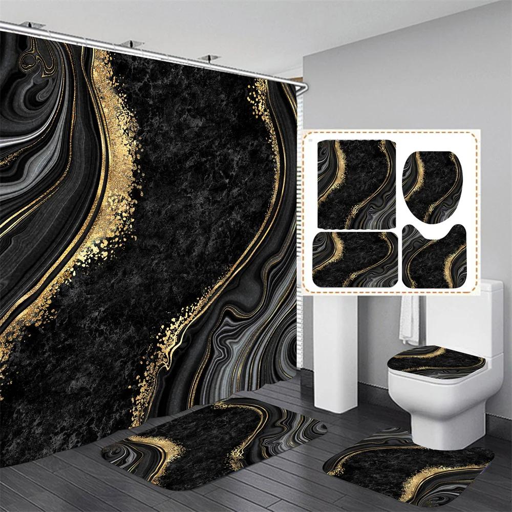 4pcs Set Doormat Shower Curtain with Non-Slip Rugs Toilet Seat Cover Bath Carpet Durable Waterproof Bathroom Home Entrance Decor