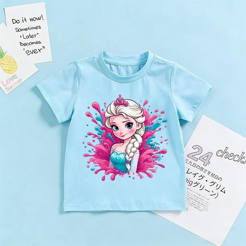 Gefrorene Elsa T-Shirt Cartoon Anime Figur Druck kleine Mädchen Kinder im Alter von 3-8 Mode Süße Oberteile Sommerkleidung Kindergeschenk