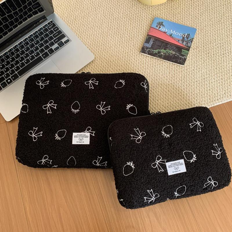 Plush Bow Strawberry Laptop Sleeve Case 13/14 Inch Notebook Bag For Macbook Air Pro Lenovo Hp 11 Inch Tablet Pouch For Ipad