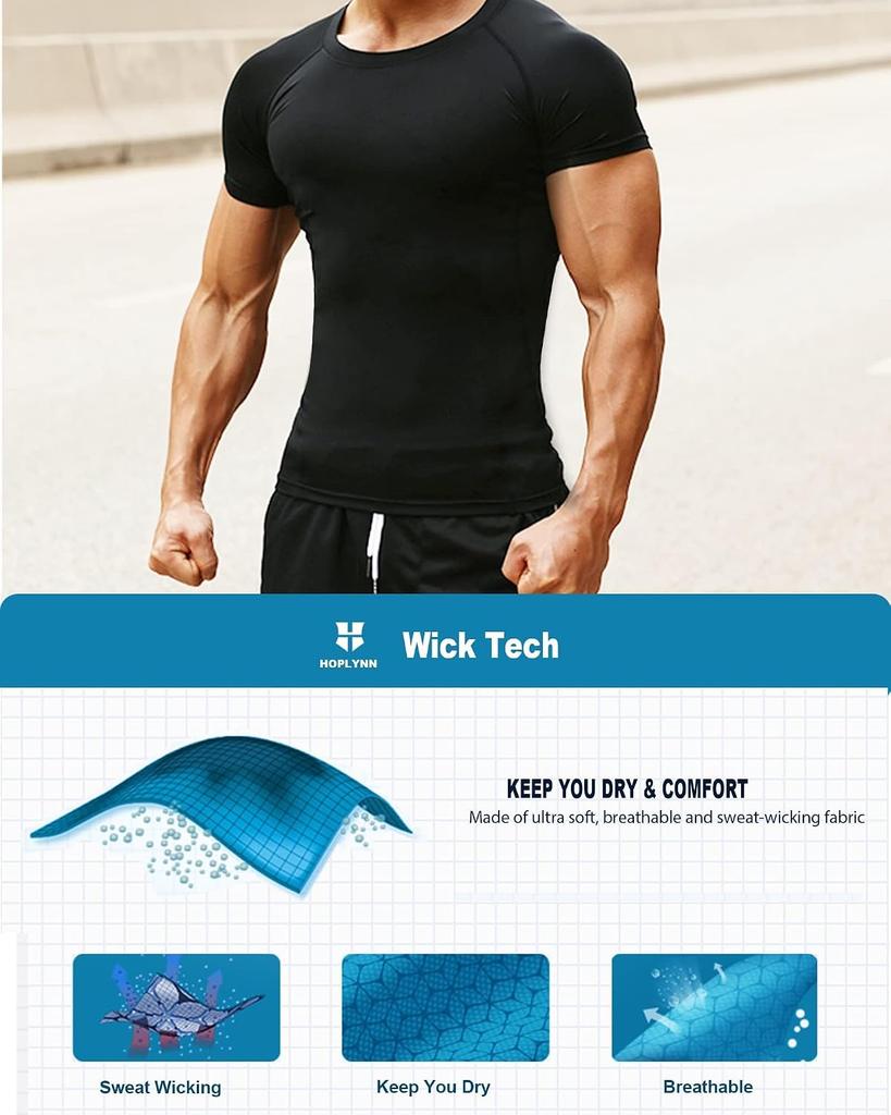 5 Pack Men's Workout Compression Shirts Short Sleeve Shirts, Black, Blue, White