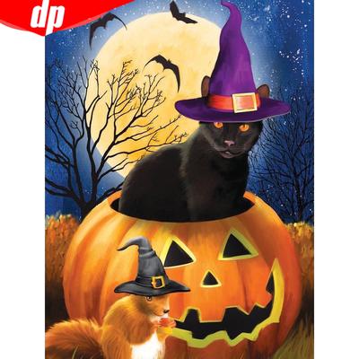 5d Diamond Painting Round Cat Diamond Embroidery Pumpkin Diamond Rhinestones Picture Halloween Gift