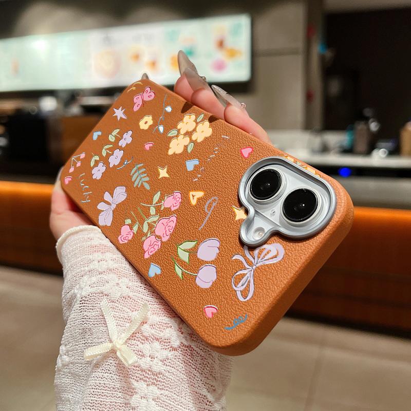 Cartoon Floral Pattern Shockproof Phone Case For iPhone 16 Pro Max 15 Pro 14 Plus 13 12 11 Soft TPU Leather Texture Slim Matte Back Cover