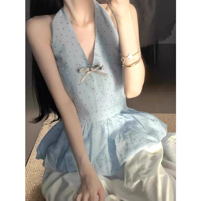 2026 Sleeveless Polka Dot Bow Halter Tank Top - Spicy Girl Style with Ruffle Hem L