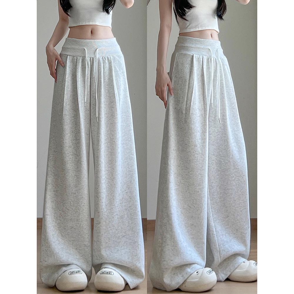 Women's White-Gray Low-Waist Wide-Leg Sweatpants - Petite, Casual, Autumn Drape