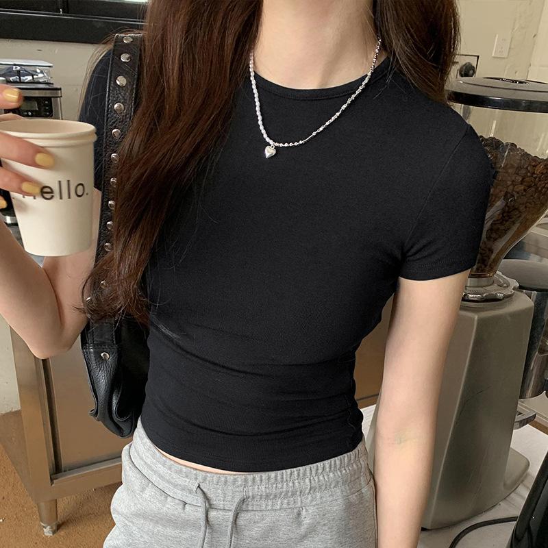 

Базовый однотонный кроп-топ с короткими рукавами и круглым вырезом, облегающая футболка, повседневная футболка S чёрный