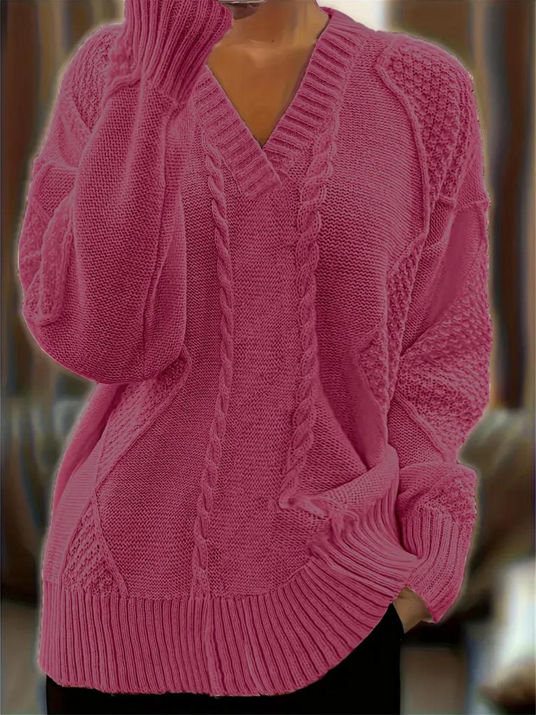 Women's European and American Casual V-Neck Cable Knit Sweater Coat - Solid Color, Autumn/Winter Pullover.