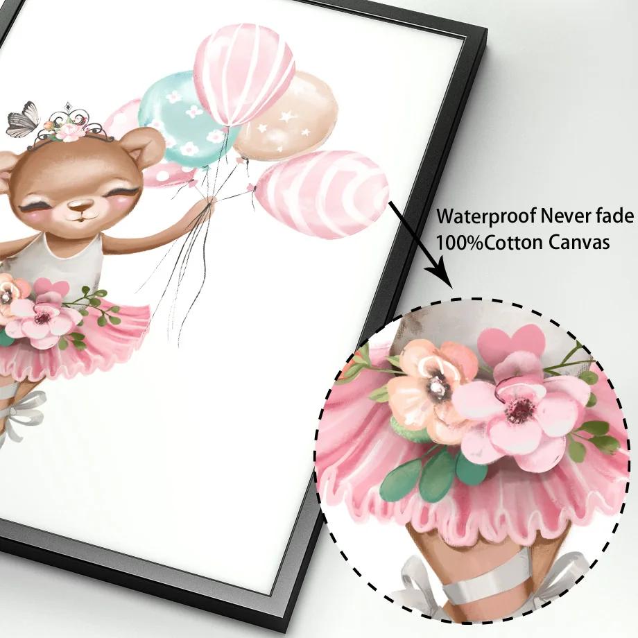 Pink Ballet Bear Rabbit Deer Elephant Flamingo Cat Nursery Wall Art Mural Canvas Painting Poster Print Baby Girl Room Home Decor