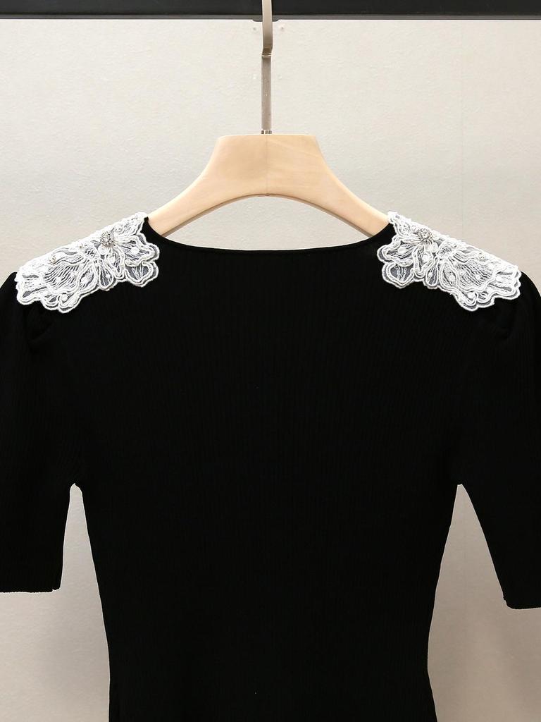 Elegant Autumn Lace Patchwork Sweater - Women's Slim Short Knit