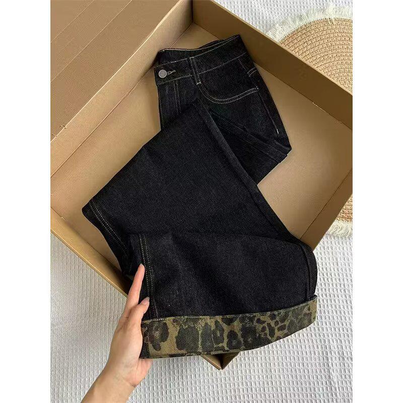 Petite High-Waisted Retro Leopard Wide-Leg Jeans (Black) for Spring/Autumn 2025 M чёрный