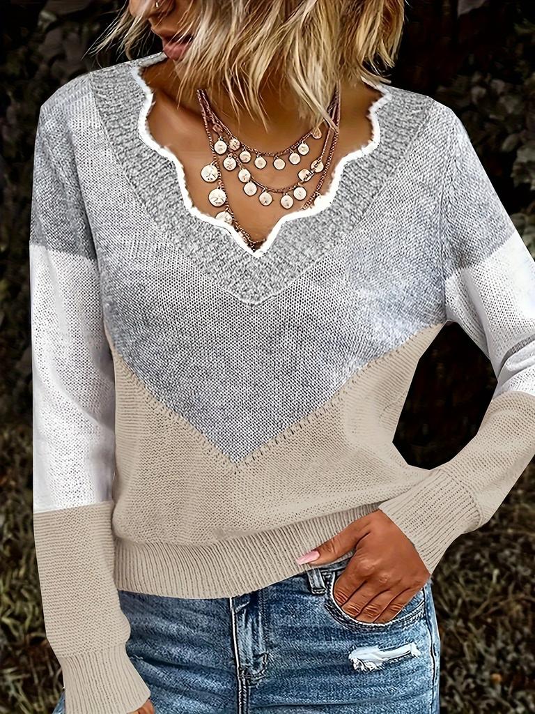 [Kuscheliger Pullover] Kuscheliger Farbblock Damen Casual V-Ausschnitt Pullover | Langarm-Pullover mit gerippten Bündchen, Herbst-/Winter-Oberteil für Freizeitkleidung