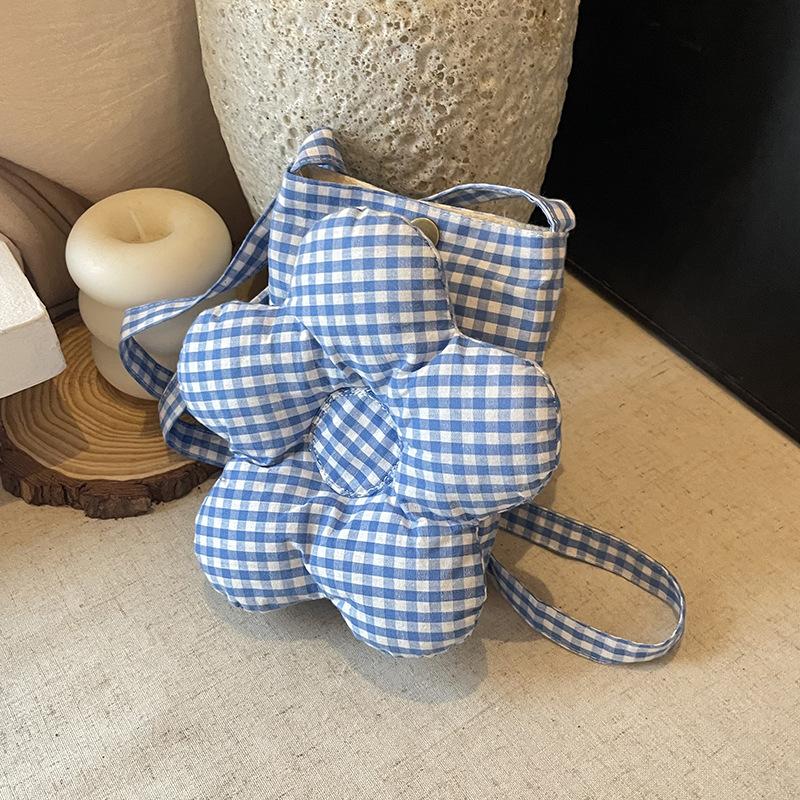 

Нишевая клетчатая сумка с цветами, женская новая повседневная универсальная сумка-мессенджер, свежая сумка-ведро, сумка для мобильного телефона синий
