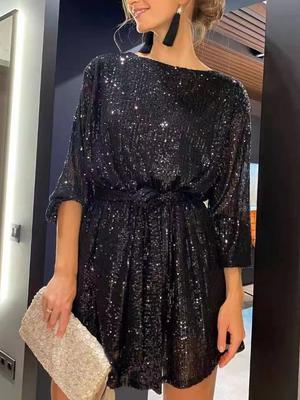 Long Sleeve Sequined Midi Dress for Girls, Waist-Defined Sexy Homecoming/Party Dress, Ins Style