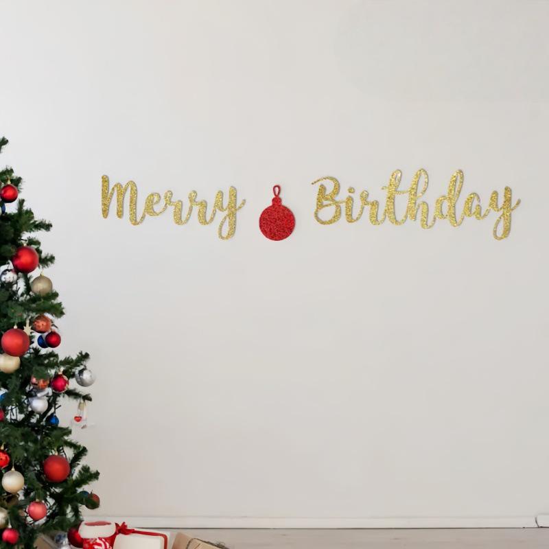 Glitter Gold Christmas Birthday Banner & Tree Pendant Decoration Set