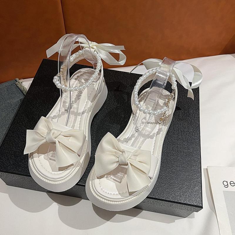 SyfIyno Bow Sandals Women's New Summer Sandals One Strap Thick Bottom Pearl Buckle Fashion Open Toed Roman Women's Shoes