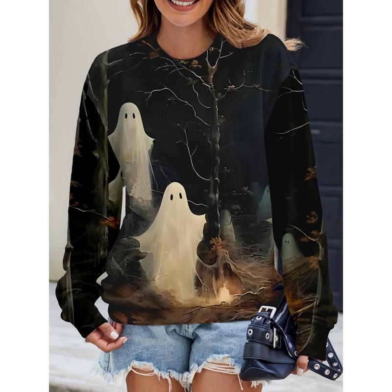 Womens Casual Hoodie With 3D Halloween Print Round Neck Lightweight Breathable Fabric
