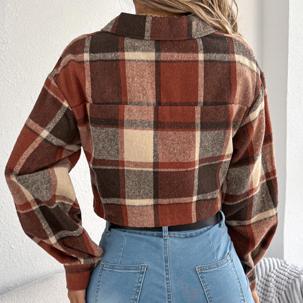 Women's Contrasting Plaid Long Sleeved Woolen Short Jacket Jacket